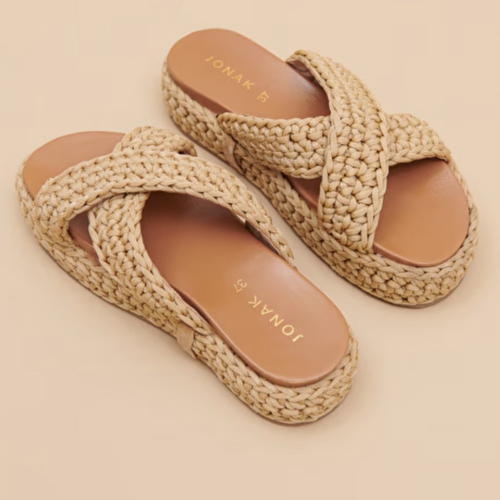 Jonak PLATFORM MULES WITH CROSSED STRAPS in beige rope